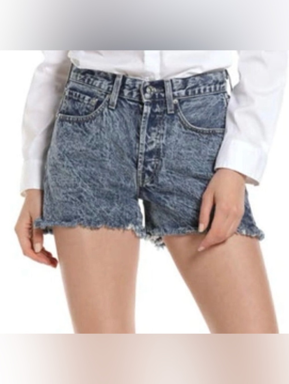 Edwin Cai cut off jean denim shorts acid wash frayed hem dark wash Saturn new 32